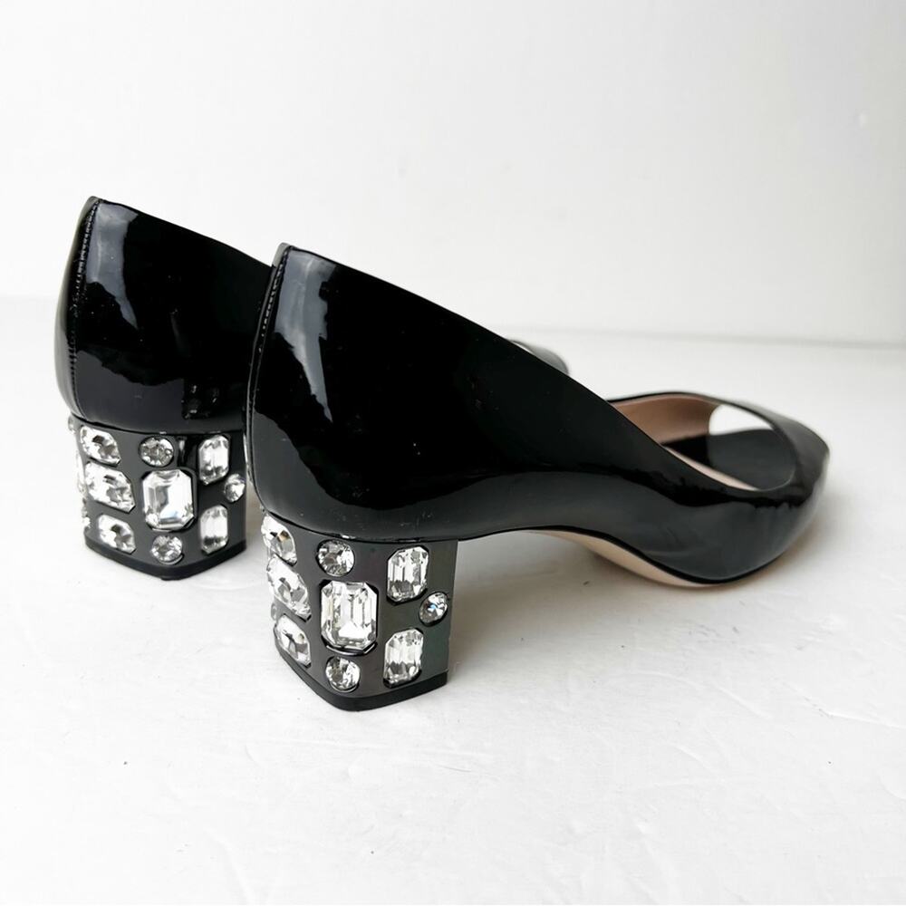 SZ 39 Miu Miu Black Patent Leather Crystal Embellished Block Heel Peep Toe Pumps